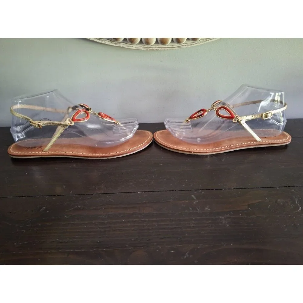 EUC Yellow Box Leather Sandals with Gold Straps and Red Teardrop Embellishments/ - Picture 4 of 9